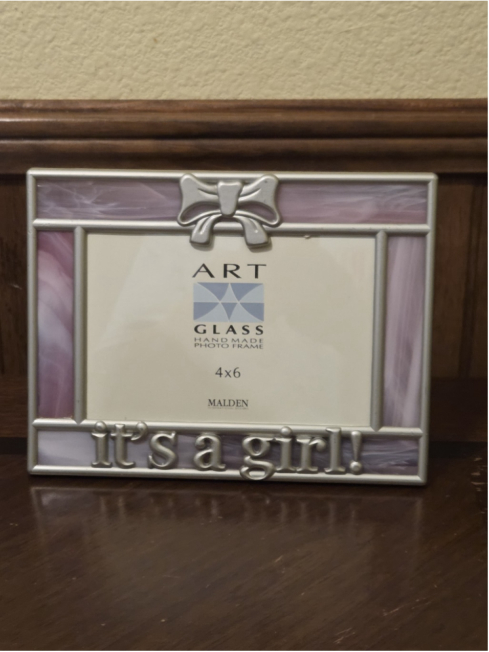 Vintage 2000s Malden brand "It's a Girl" Stained Glass Metal Photo Frame Bow 4x6
